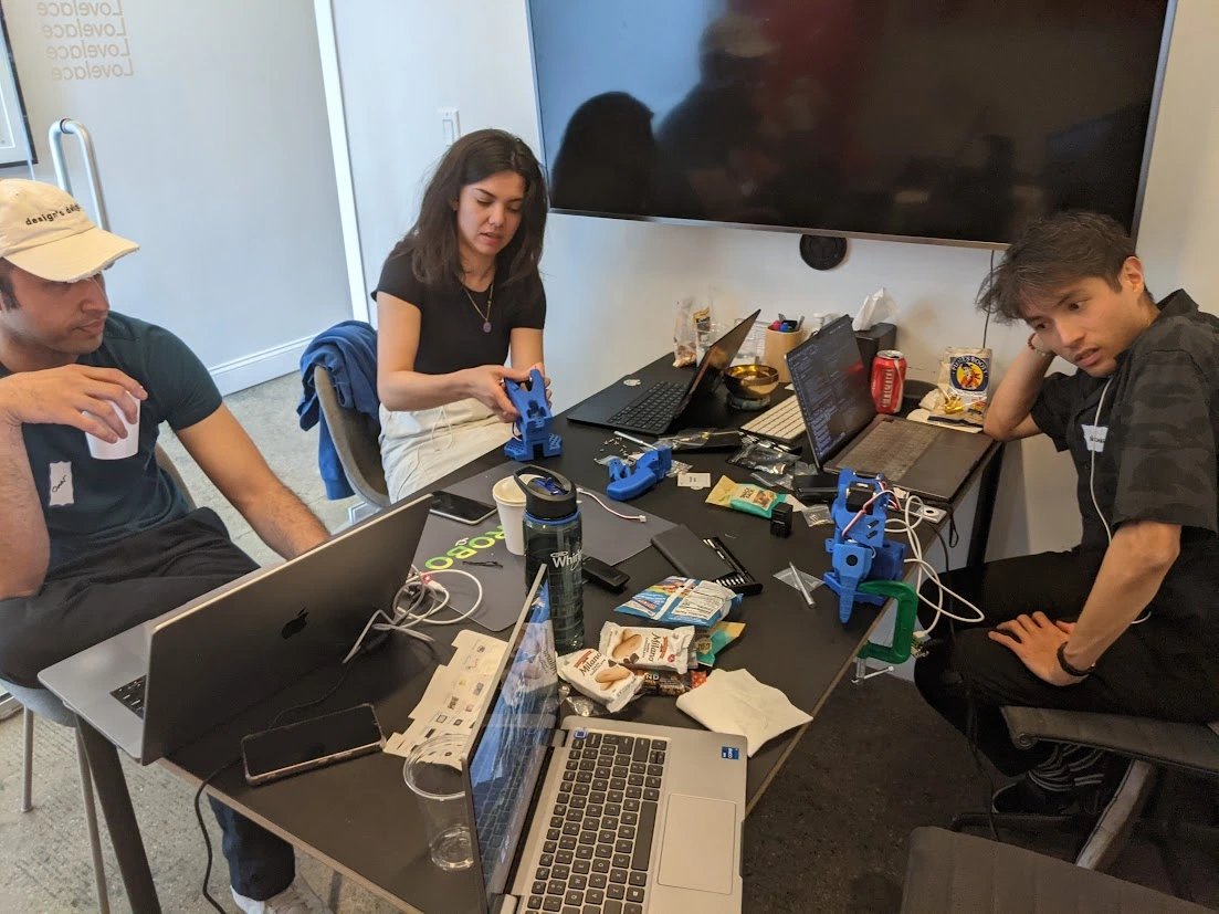 The Wonderwalle team in new york in progress of making the guitar-playing robot arm. We burnt 6 motors.