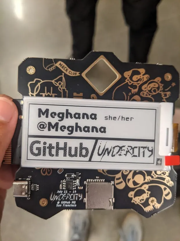 The PCB badge a fellow hack clubber made for Hack Club's Undercity at GitHub HQ in San Francisco.